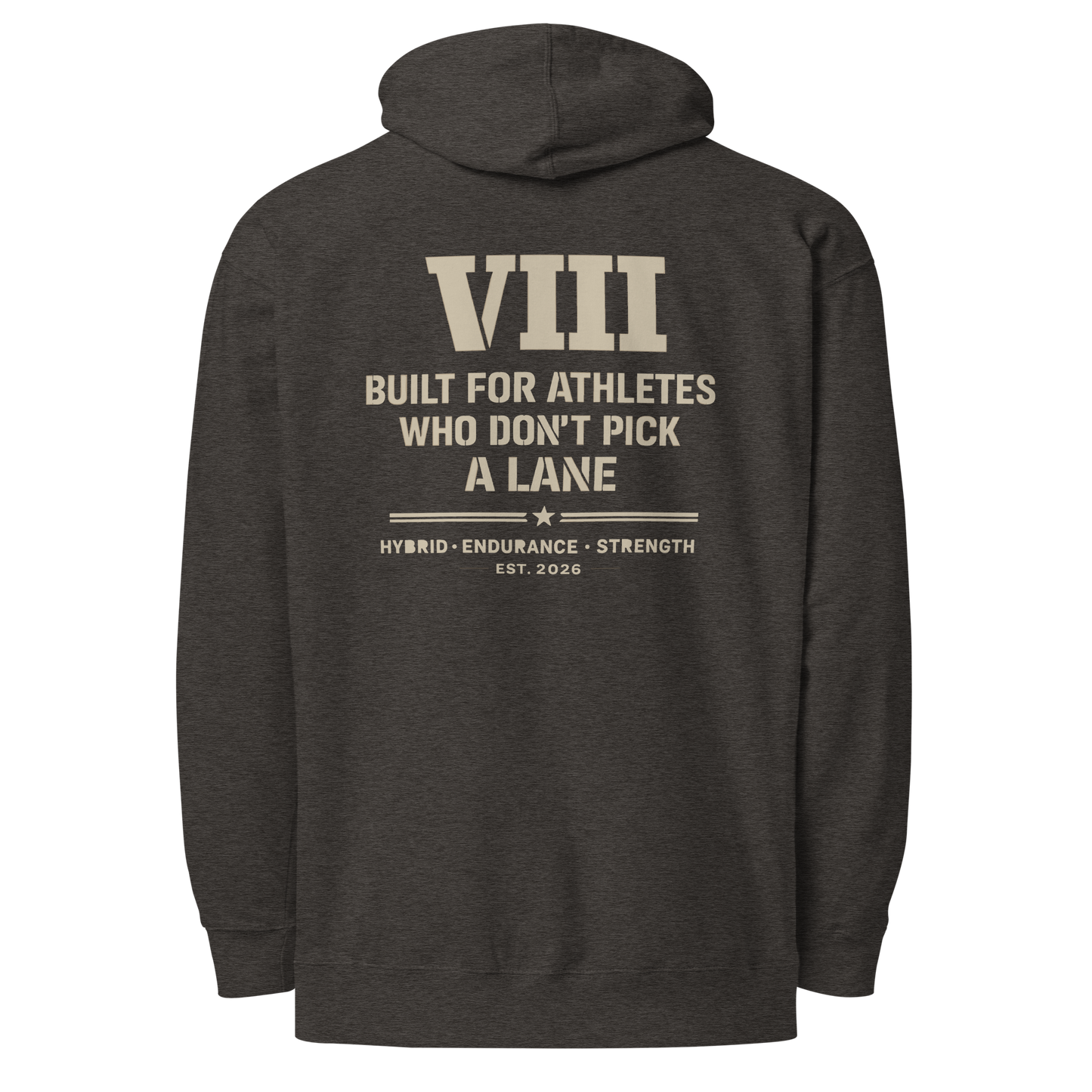 Built For Athletes Hoodie in Charcoal Heather back — Eighth Station hybrid fitness hoodie