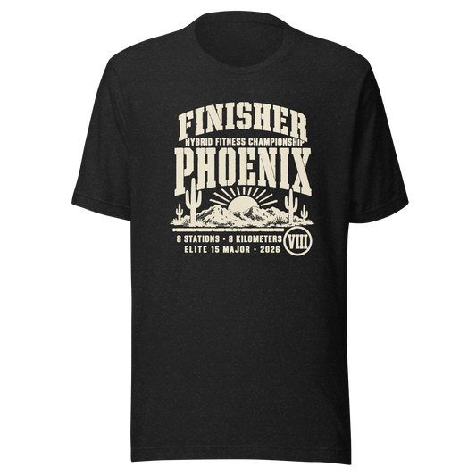 Phoenix Finisher Tee 2026 in Black Heather — Eighth Station race commemorative shirt